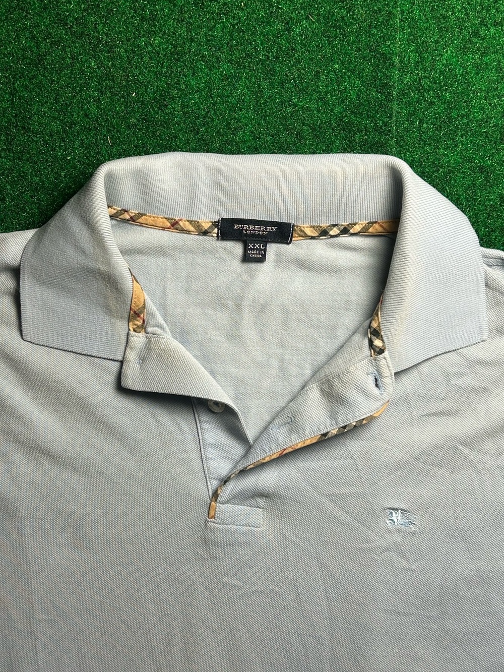 Burberry Light Gray Polo with Check Trim